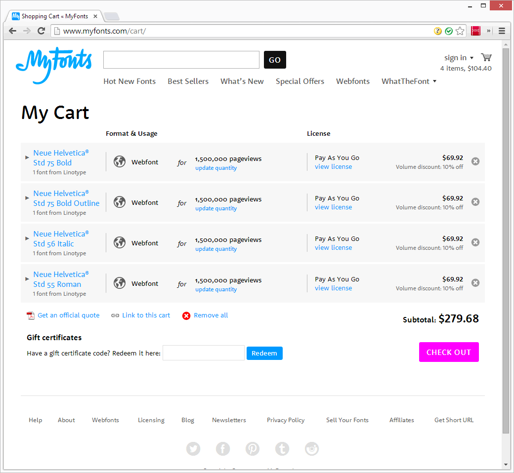 Цены на Helvetica на MyFonts.com